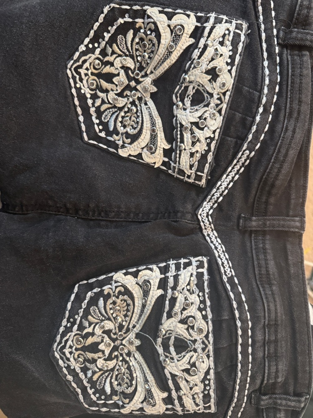 Angel Women’s Slim Jeans in Black with Contrast Stitch and Embellishment